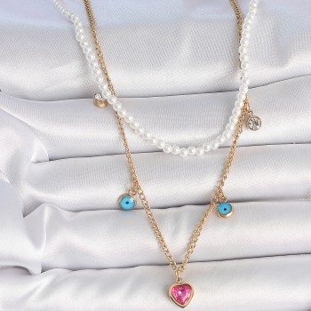 316L Çelik Gold Renk 2'Li İnci Zincir Model Pembe Taşlı Kalp Figür Nazar Boncuk Detay Kadın Kolye