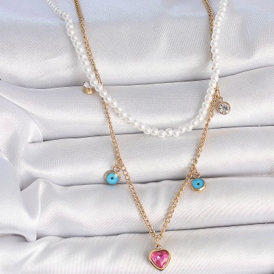 316L Çelik Gold Renk 2'Li İnci Zincir Model Pembe Taşlı Kalp Figür Nazar Boncuk Detay Kadın Kolye