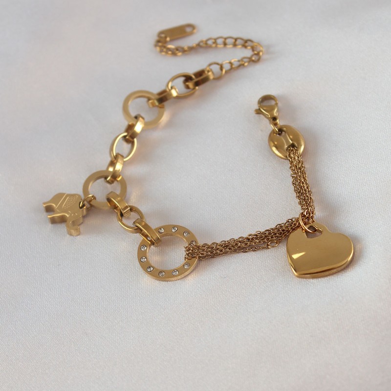 316L Çelik Gold Renk 2'li Zincir Model Zirkon Taş Detay Kadın Bileklik