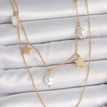 316L Çelik Gold Renk 2'Li Zincir Sallantı Yıldız İnci Model Kadın Kolye
