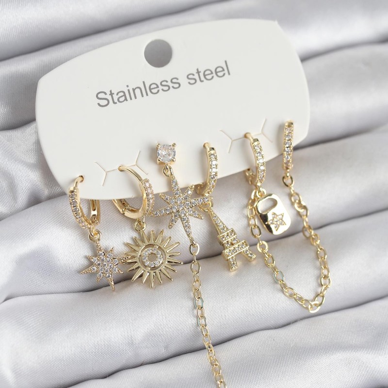 316L Çelik Gold Renk 6'lı Set Charmlı Kadın Küpe