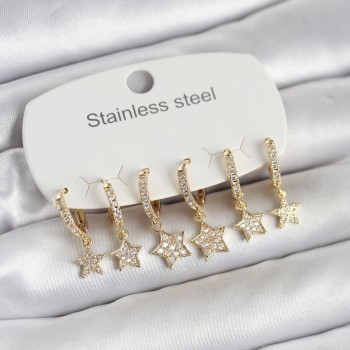 316L Çelik Gold Renk 6'lı Set Yıldız Model Kadın Küpe
