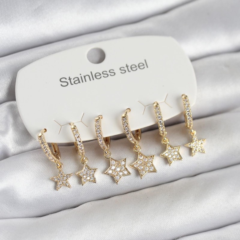 316L Çelik Gold Renk 6'lı Set Yıldız Model Kadın Küpe