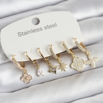 316L Çelik Gold Renk 6'lı Set Yonca Model Kadın Küpe