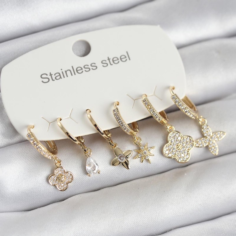 316L Çelik Gold Renk 6'lı Set Yonca Model Kadın Küpe