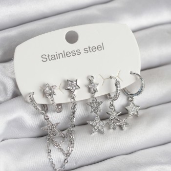 316L Çelik Gold Renk 6'lı Set Zincirli Yıldız Modelli Kadın Küpe