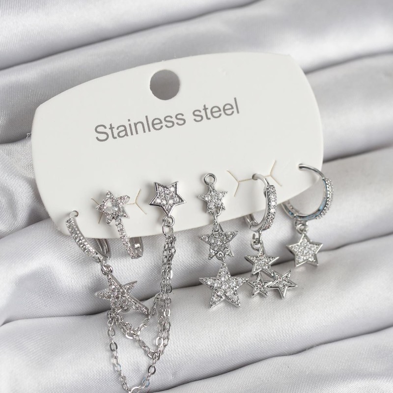 316L Çelik Gold Renk 6'lı Set Zincirli Yıldız Modelli Kadın Küpe