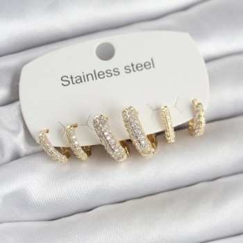 316L Çelik Gold Renk 6'lı Set Zirkon Taşlı Halka Model Kadın Küpe