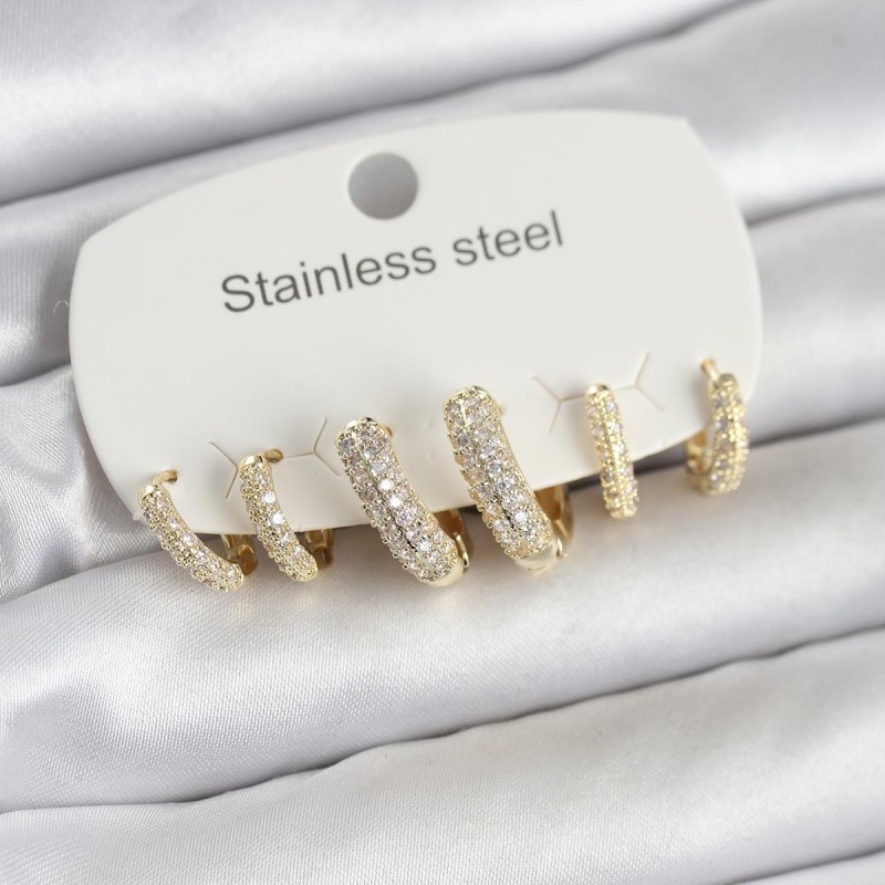 316L Çelik Gold Renk 6'lı Set Zirkon Taşlı Halka Model Kadın Küpe