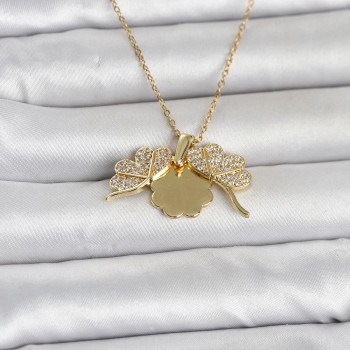 316L Çelik Gold Renk Açılabilir Yonca Model Zirkon Taşlı Kadın Kolye