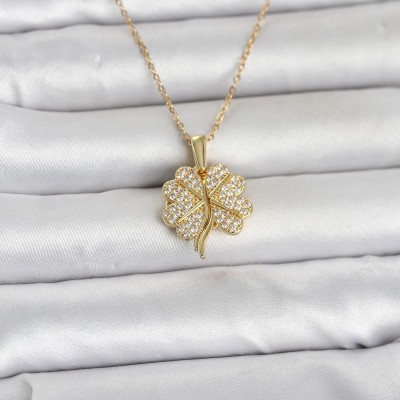 316L Çelik Gold Renk Açılabilir Yonca Model Zirkon Taşlı Kadın Kolye