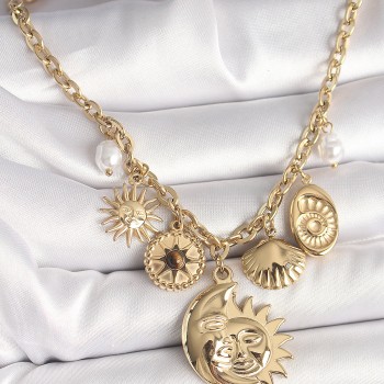 316L Çelik Gold Renk Ay Güneş Figür Deniz Kabuğu Detay Kadın Kolye