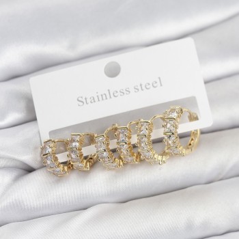 316L Çelik Gold Renk Baget Zirkon Taşlı Halka Küpe Seti