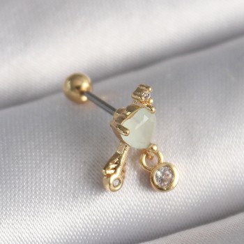 316L Çelik Gold Renk Beyaz Mineli Kalp Sallantı Zirkon Taşlı Tragus Piercing