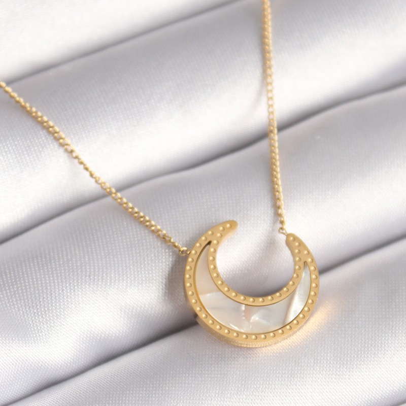 316L Çelik Gold Renk Beyaz Sedefli Hilal Model Kadın Kolye