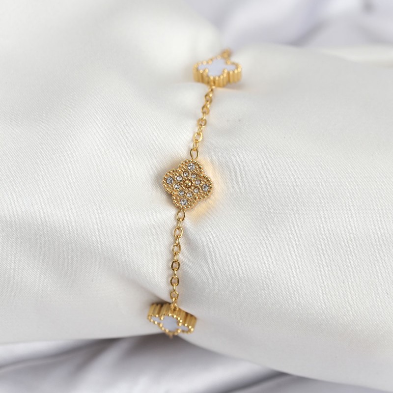 316L Çelik Gold Renk Beyaz ve Zirkon Taşlı Baby Boy Yonca Kadın Bileklik