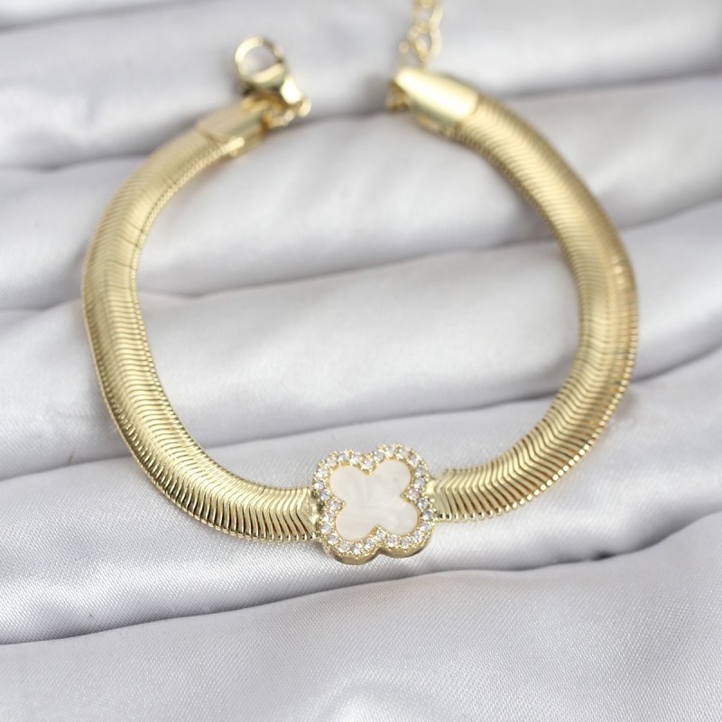 316L Çelik Gold Renk Beyaz Yonca Model Zirkon Taşlı Yılan Zincirli Kadın Bileklik