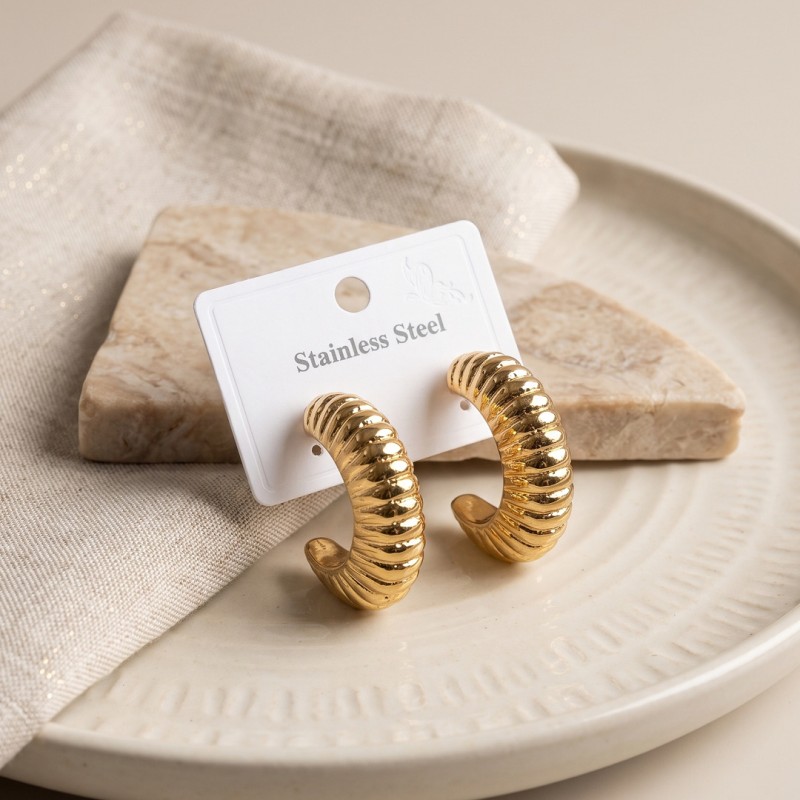 316L Çelik Gold Renk Bombeli Kroasan Model Küpe