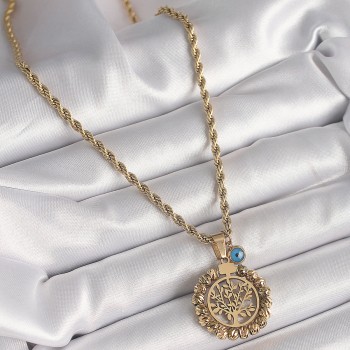 316L Çelik Gold Renk Burgu Zincir Dorika Yaşam Ağacı Figür Nazar Boncuk Detay Kadın Kolye