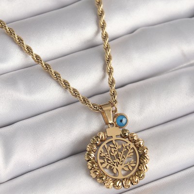316L Çelik Gold Renk Burgu Zincir Dorika Yaşam Ağacı Figür Nazar Boncuk Detay Kadın Kolye