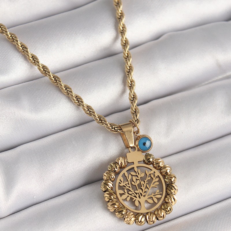 316L Çelik Gold Renk Burgu Zincir Dorika Yaşam Ağacı Figür Nazar Boncuk Detay Kadın Kolye
