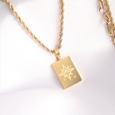 316L Çelik Gold Renk Burgu Zincir Kutup Yıldızı İşleme Plaka Figür Kadın Kolye