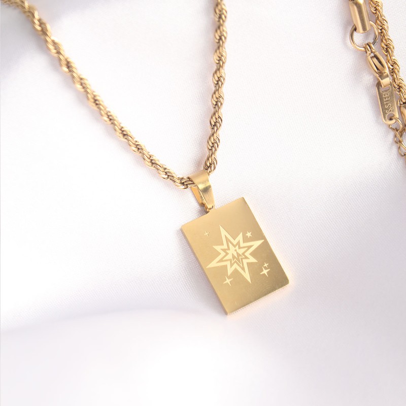 316L Çelik Gold Renk Burgu Zincir Kutup Yıldızı İşleme Plaka Figür Kadın Kolye