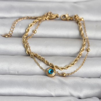 316L Çelik Gold Renk Burgu Zincir ve Nazarlı Kadın Bileklik