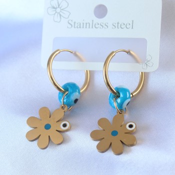 316L Çelik Gold Renk Çiçek Model Nazar Boncuk Detay Kadın Küpe