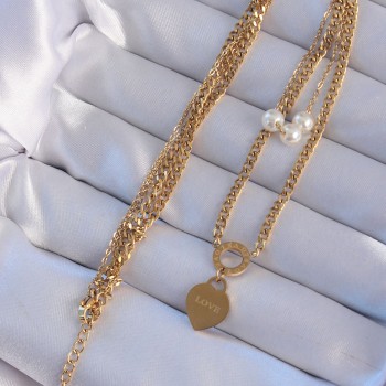 316L Çelik Gold Renk Çift Zincir İnci Detayı Love Kalp Kolye
