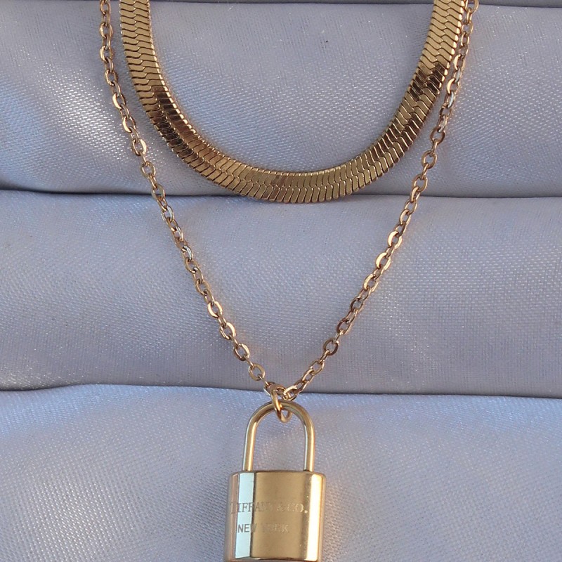 316L Çelik Gold Renk Çift Zincir Kilit Model Kolye