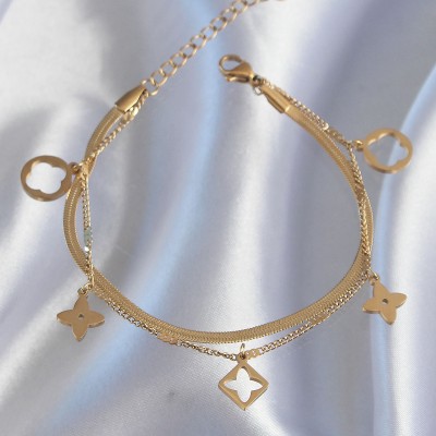 316L Çelik Gold Renk Çift Zincir Yonca Tasarım Bileklik