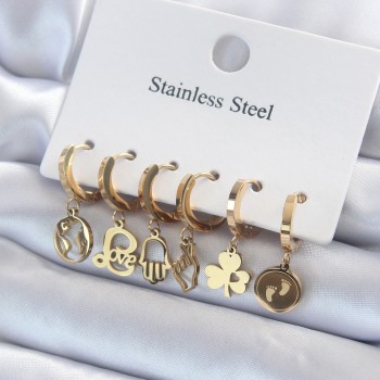 316L Çelik Gold Renk Çoklu Figür Model Kadın Küpe Seti