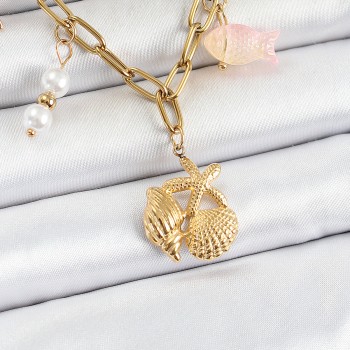 316L Çelik Gold Renk Deniz Yıldızı ve Deniz Kabuğu Konsept Kadın Kolye