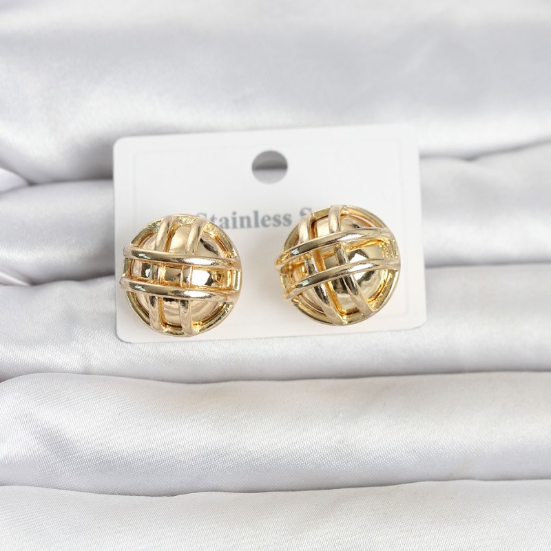 316L Çelik Gold Renk Desenli Top Model Kadın Küpe