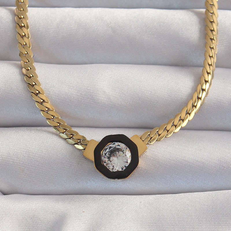 316L Çelik Gold Renk Ezme Zincir Zirkon Taşlı Mineli Serenay Kolyesi