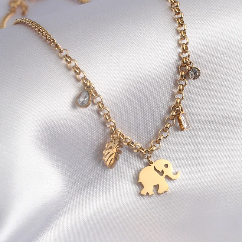 316L Çelik Gold Renk Fil Figür Zirkon Taş Detay Kadın Kolye