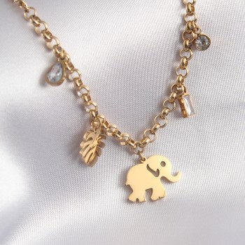 316L Çelik Gold Renk Fil Figür Zirkon Taş Detay Kadın Kolye