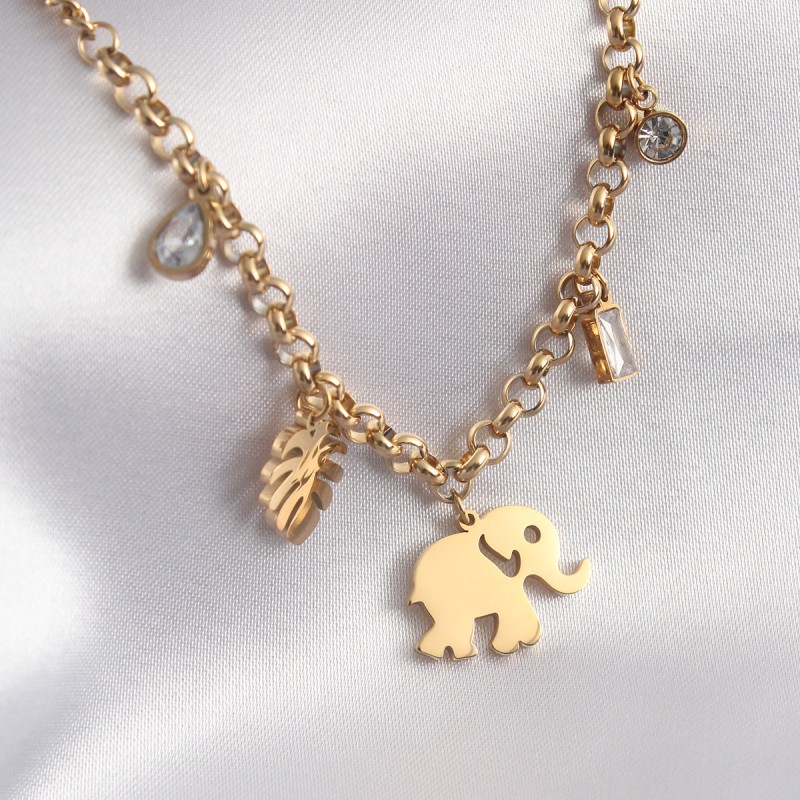 316L Çelik Gold Renk Fil Figür Zirkon Taş Detay Kadın Kolye