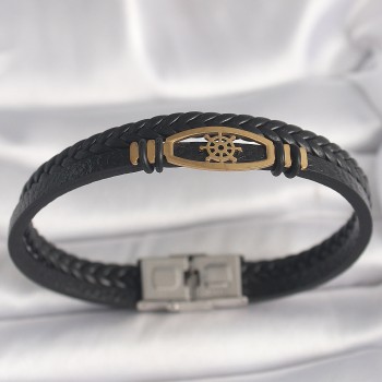 316L Çelik Gold Renk Gemi Dümen Figür Siyah Çift Sıra Burgu Desenli Deri Kordon Erkek Bileklik