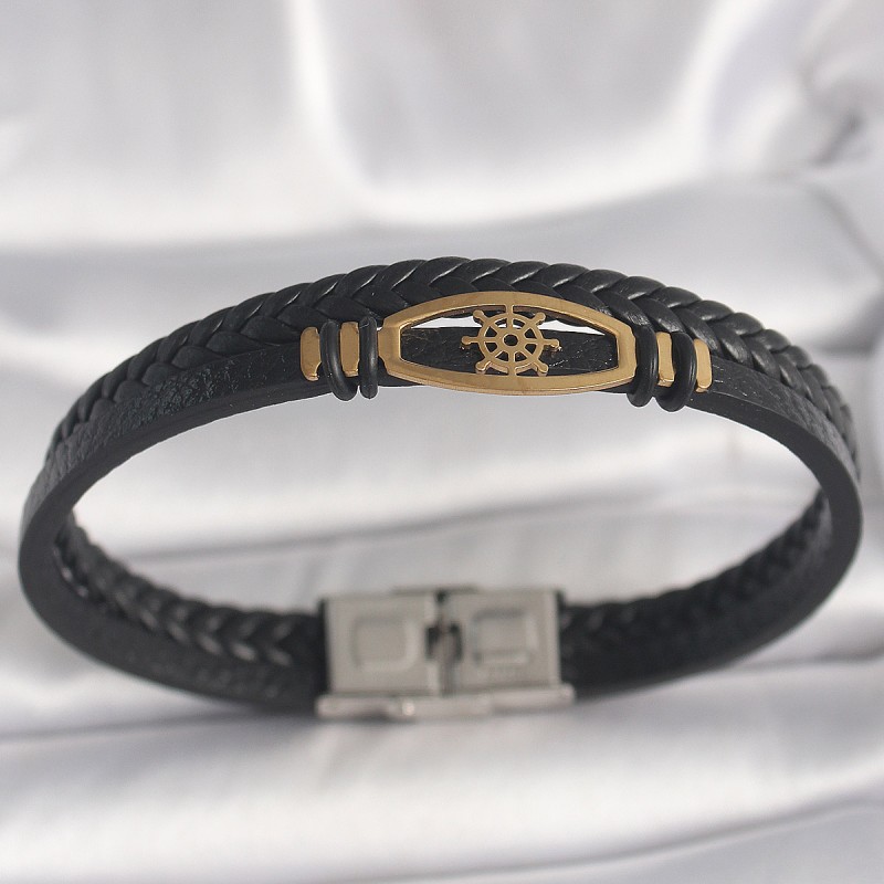 316L Çelik Gold Renk Gemi Dümen Figür Siyah Çift Sıra Burgu Desenli Deri Kordon Erkek Bileklik