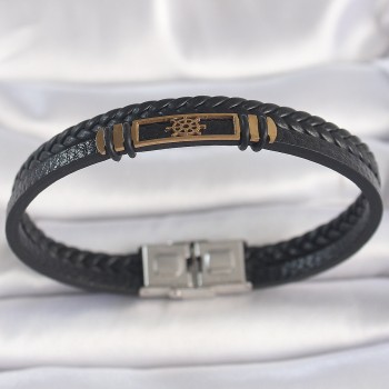 316L Çelik Gold Renk Gemi Dümeni Aksesuarlı Çift Sıra Burgu Desenli Deri Kordon Erkek Bileklik