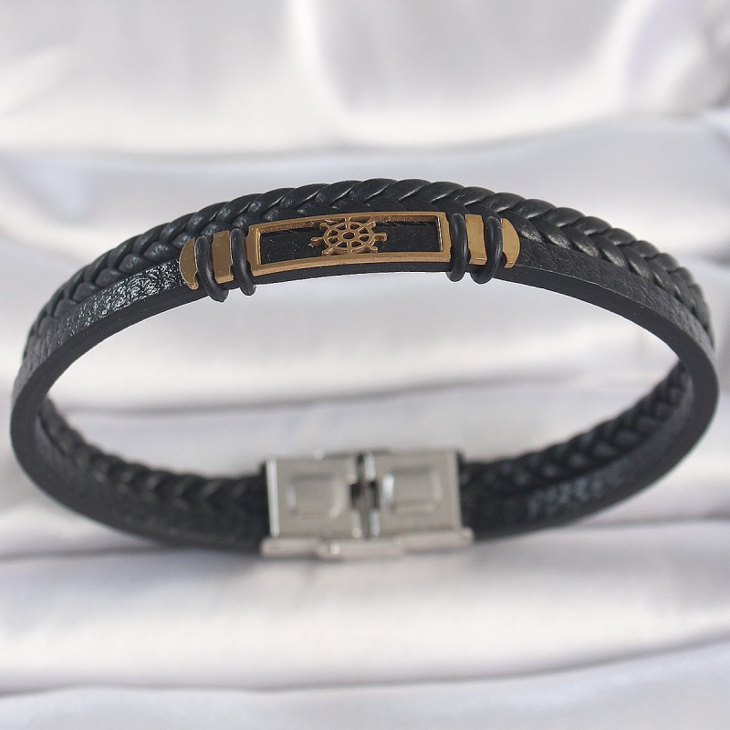 316L Çelik Gold Renk Gemi Dümeni Aksesuarlı Çift Sıra Burgu Desenli Deri Kordon Erkek Bileklik
