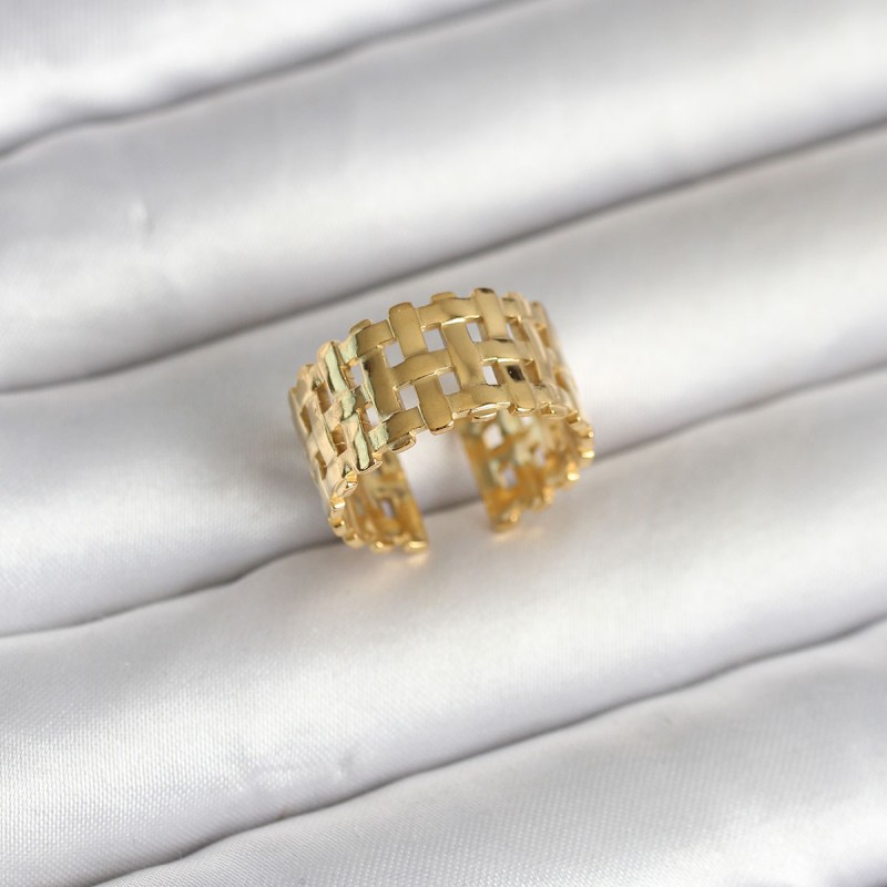 316L Çelik Gold Renk Hasır Model Kadın Yüzük