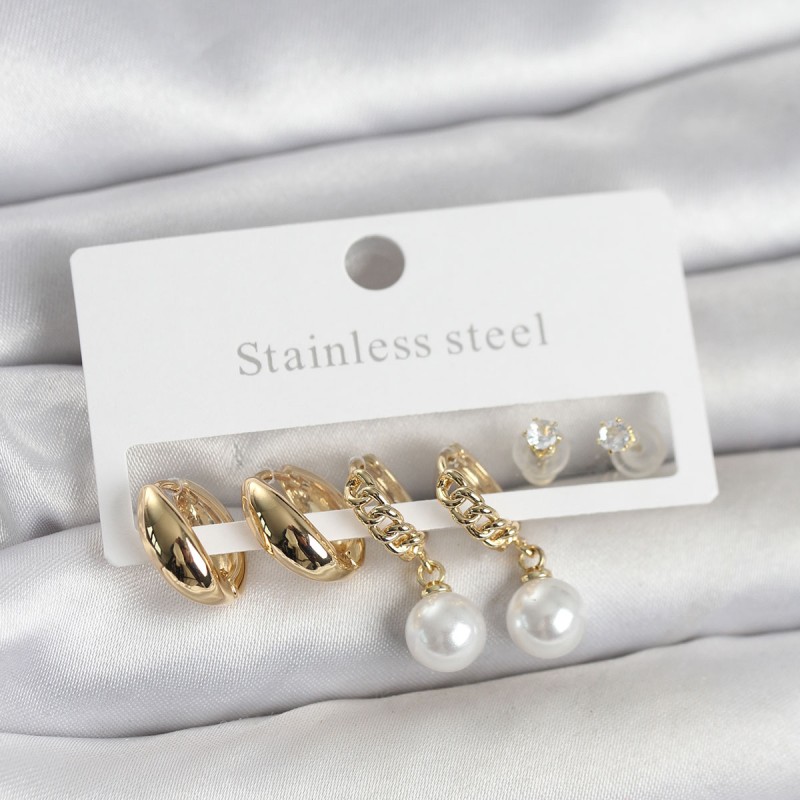 316L Çelik Gold Renk inci Halka Detaylı Kadın Küpe Seti