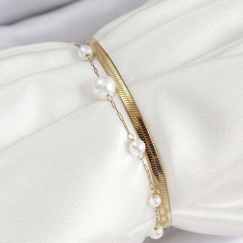 316L Çelik Gold Renk İncili ve İtalyan Zincirli Kadın Bileklik