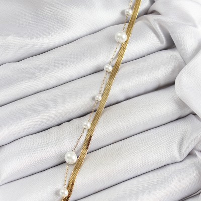 316L Çelik Gold Renk İncili ve İtalyan Zincirli Kadın Bileklik