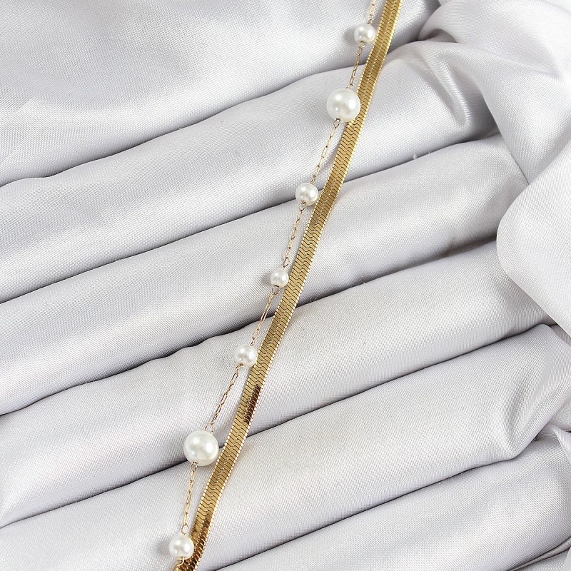 316L Çelik Gold Renk İncili ve İtalyan Zincirli Kadın Bileklik