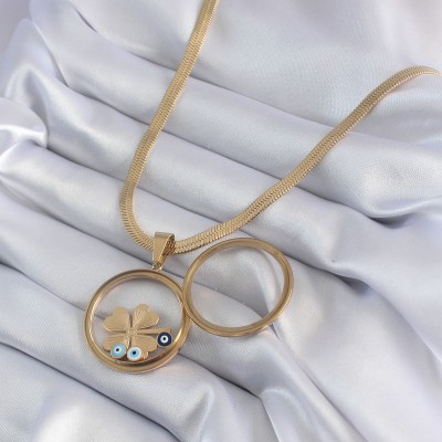 316L Çelik Gold Renk İtalyan Zincir Açılabilir Fanus Yonca Figür Model Kadın Kolye