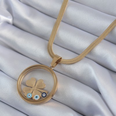 316L Çelik Gold Renk İtalyan Zincir Açılabilir Fanus Yonca Figür Model Kadın Kolye